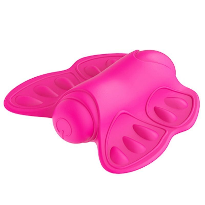 Schräger Blick auf einen pinken Schmetterlingsvibrator mit Flügeln und Noppen.