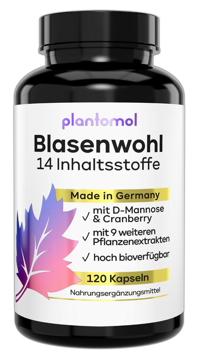 Schwarze Flasche mit Kapseln. Aufschrift: plantomol Blasenwohl, 14 Inhaltsstoffe, Made in Germany, 120 Kapseln.