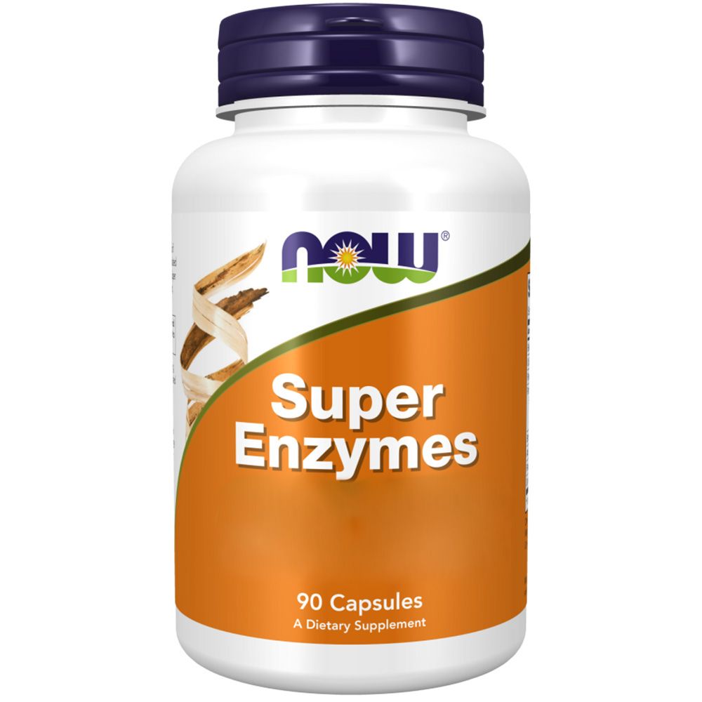 Weiße Flasche mit blauem Deckel. Aufschrift "NOW" und "Super Enzymes". Enthält 90 Kapseln. Diätetisches Ergänzungsmittel.