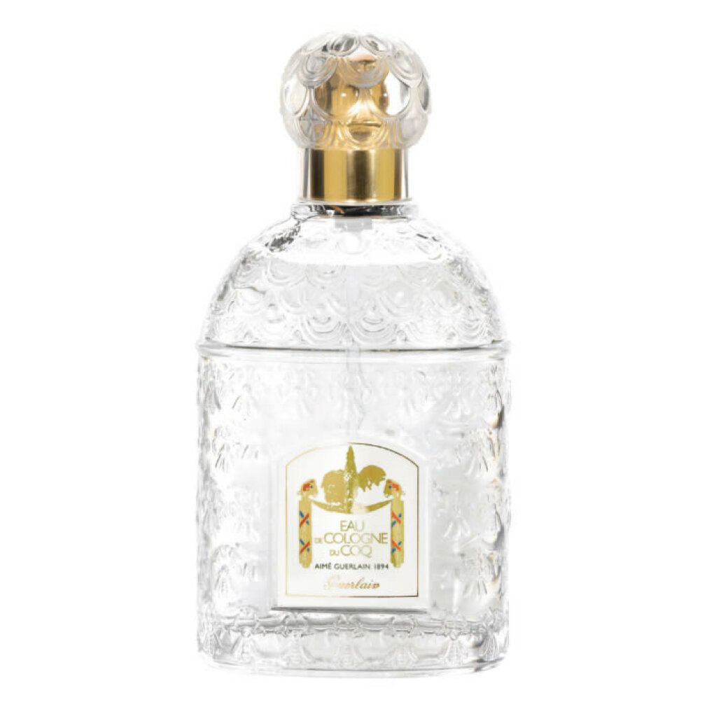 Klarer Flakon mit goldfarbenem Verschluss. Aufkleber mit Text und Logo. Geprägtes Glas. Eau de Cologne du Coq.
