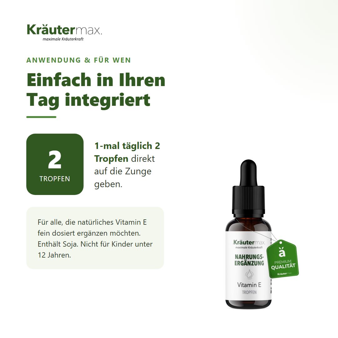 Anwendung: 2 Tropfen täglich, Flasche mit Pipette, Hinweis auf Soja und Kinder.