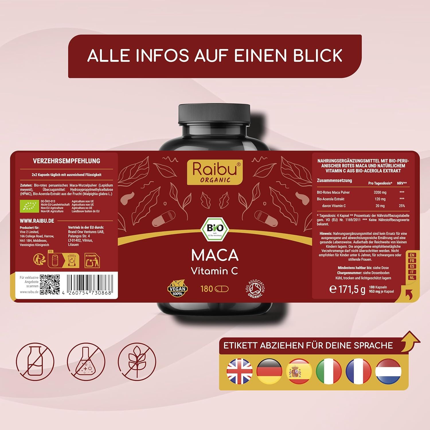 Etikett mit Informationen zu RAIBU BIO Maca. Enthält Informationen zu Inhaltsstoffen, Dosierung und Zertifizierungen.