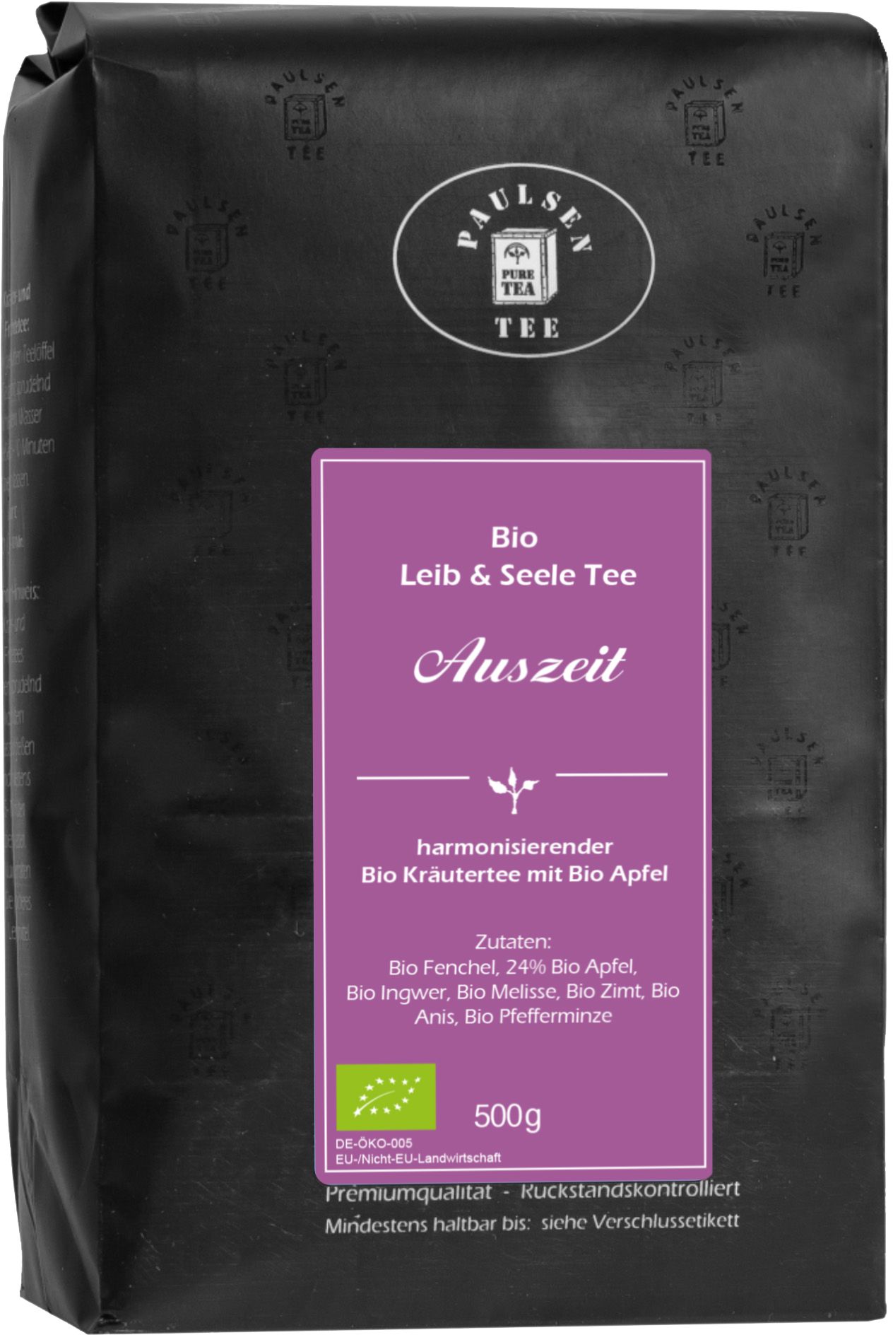 Schwarze Verpackung mit weißem Logo und lila Etikett. Text: Paulsen Tee, Bio Leib & Seele Tee Auszeit, Kräutertee, Zutaten, 500g.