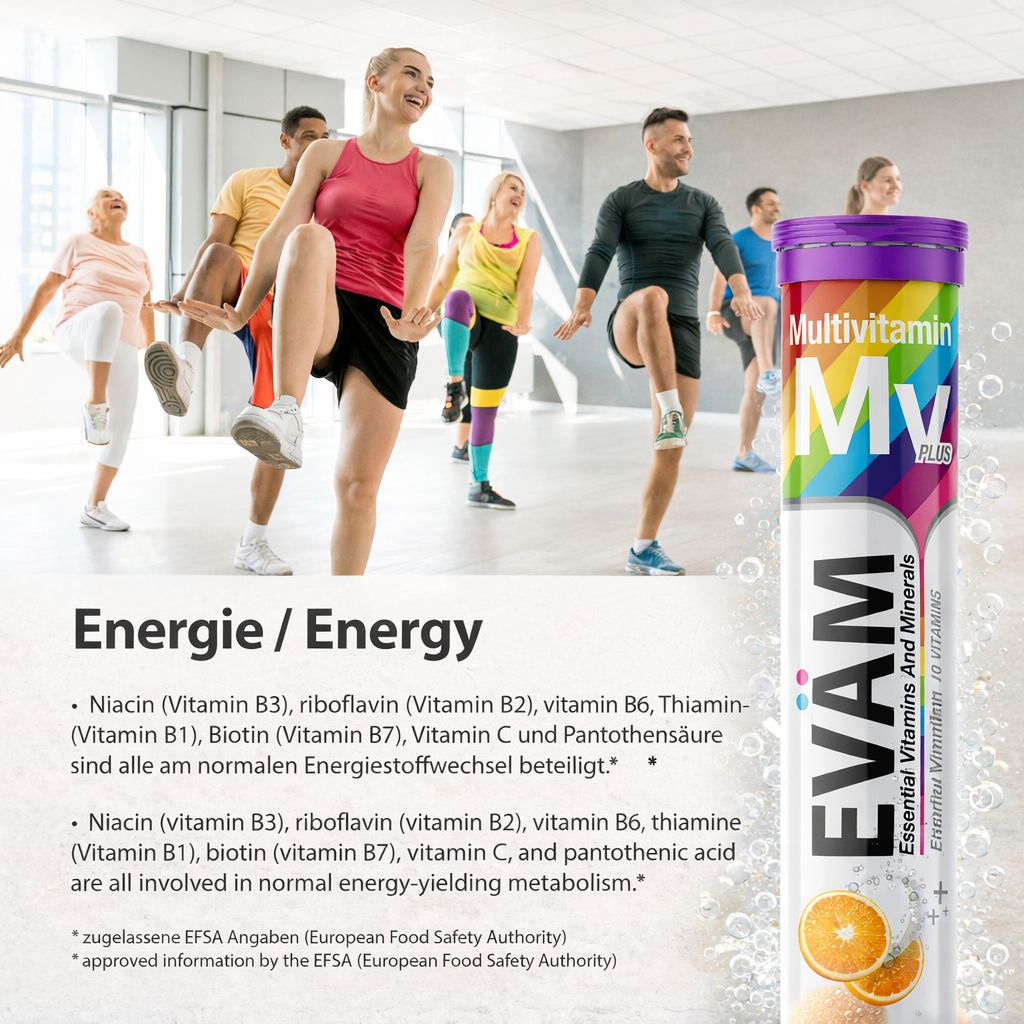 Eine Tube EVÄM Multivitamin Brausetabletten neben einer Gruppe von Menschen, die Sport treiben. Text: Energie / Energy.