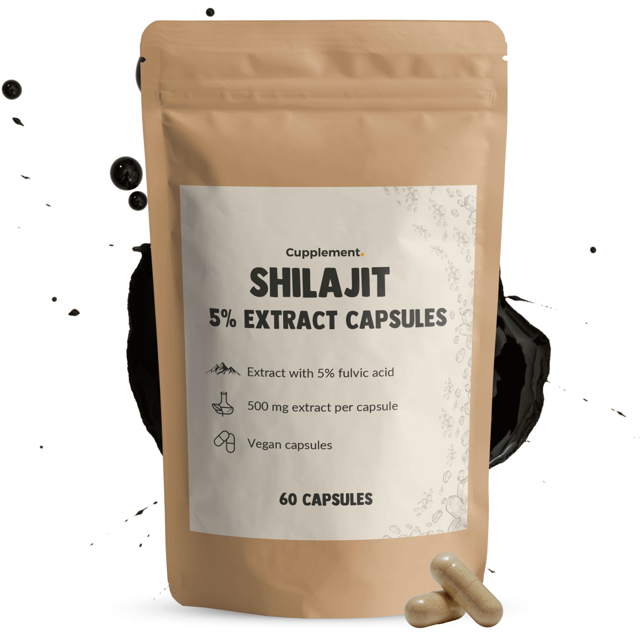 Beutel mit Shilajit-Kapseln. Aufschrift: Shilajit 5% Extrakt Kapseln. Enthält 60 Kapseln und zwei Kapseln.
