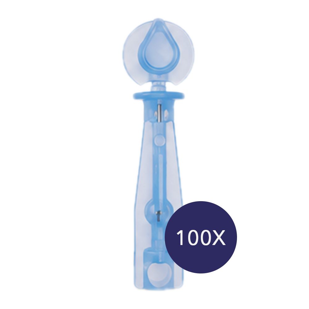 Blaue Lanzette mit Tropfenform-Kappe und 100X-Kennzeichnung.