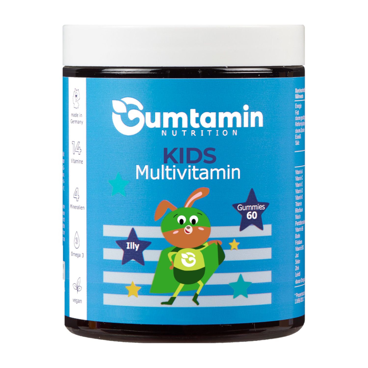 Blaue Dose mit weißem Deckel. Aufschrift Gumtamin, KIDS Multivitamin. Cartoon-Figur und Sterne.