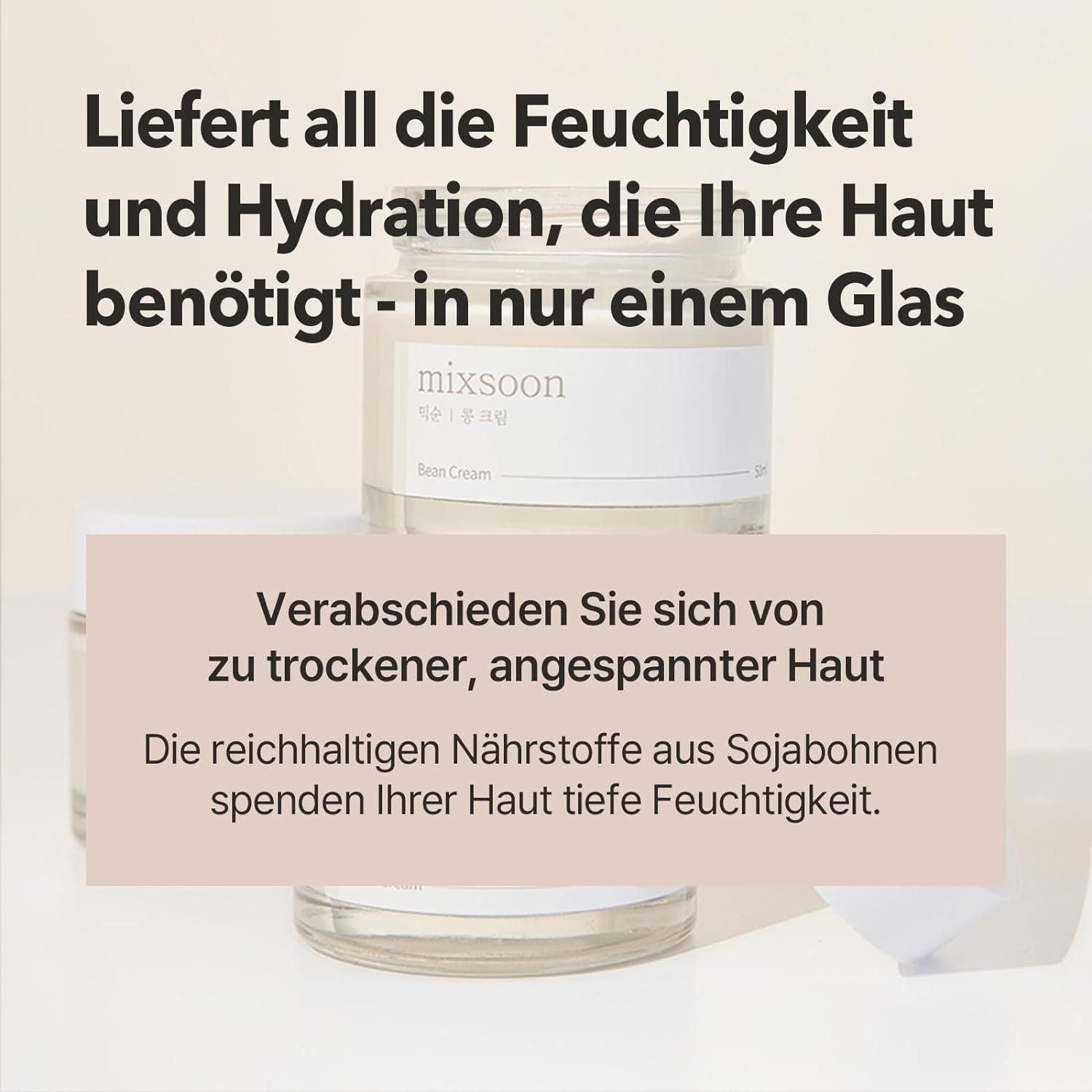 Glasbehälter mit Produkt. Text: Liefert Feuchtigkeit. Verabschieden Sie sich von trockener Haut.