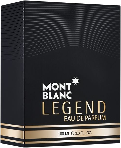 Schwarze Verpackung mit goldfarbener Schrift. Marke MONTBLANC. Aufschrift LEGEND EAU DE PARFUM. 100 ml.