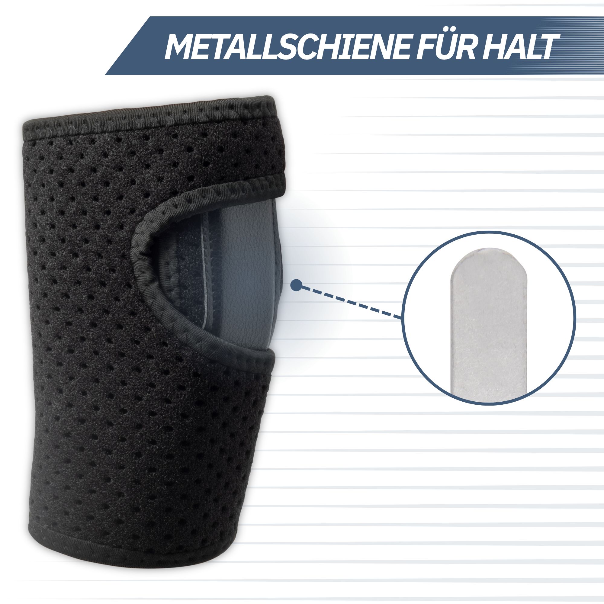 Handgelenkbandage aus schwarzem Neopren mit Metallschiene zur Stabilisierung.