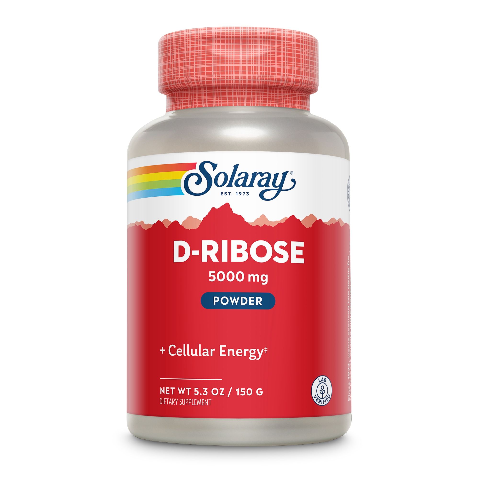 Rote Dose mit weißem Deckel. Aufschrift: Solaray, D-Ribose 5000 mg, Pulver. Enthält 150g. Mit + Cellular Energy.