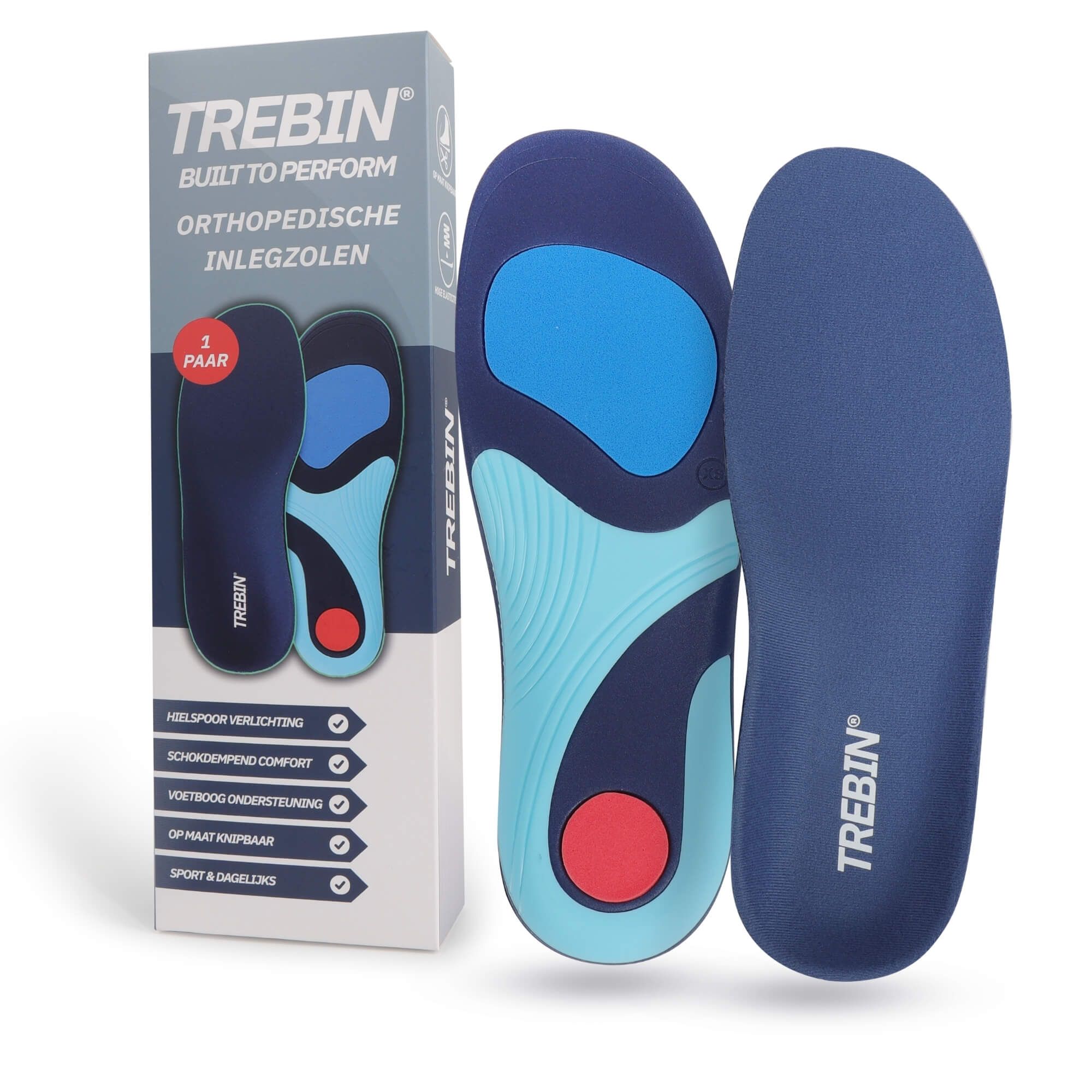 Zwei orthopädische Einlegesohlen, eine davon in einer Verpackung mit Produktinformationen.