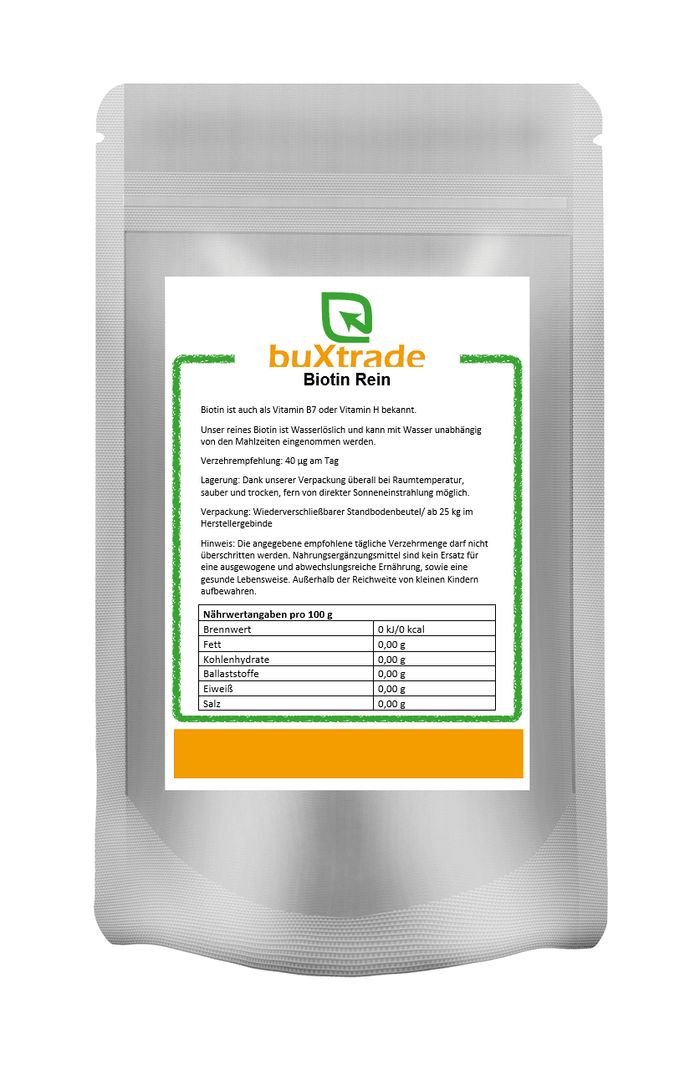 Beutel mit "buXtrade Biotin Rein". Enthält Nährwertangaben. Wiederverschließbar.