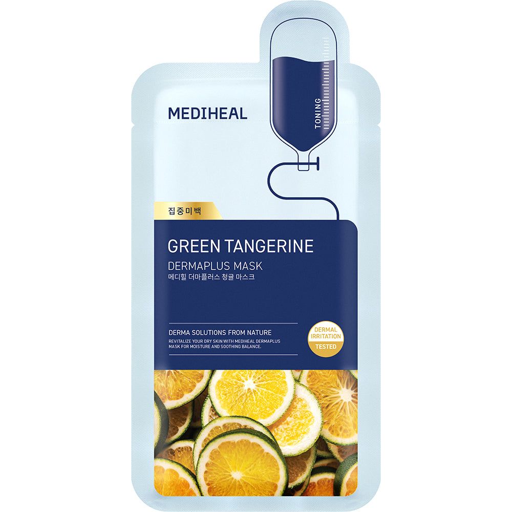 Hellblaue Maskenverpackung. Text: MEDIHEAL Green Tangerine Dermaplus Mask. Abbildung einer Flüssigkeit.