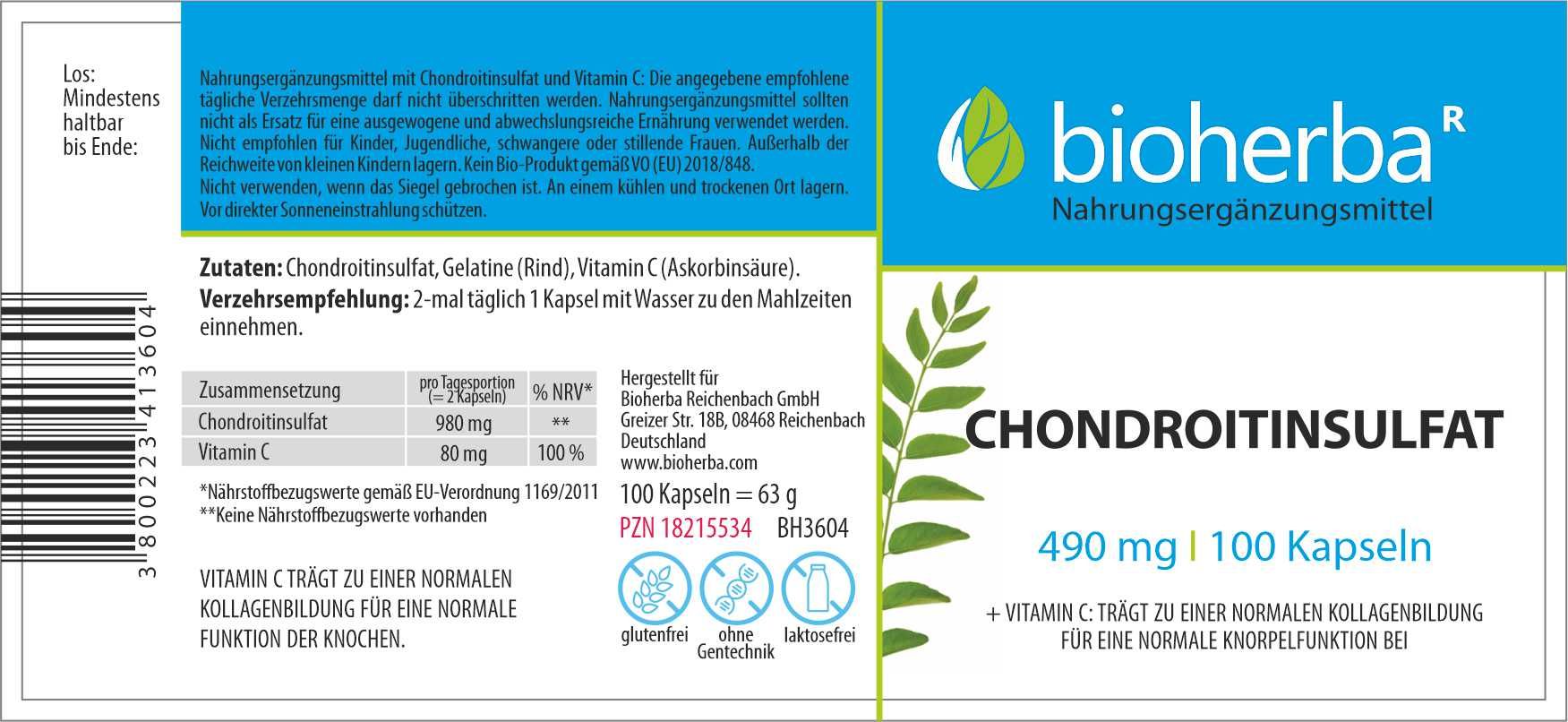 Etikett mit Produktinformationen. "Bioherba"-Logo, "Chondroitinsulfat" und "490 mg | 100 Kapseln" sind sichtbar.