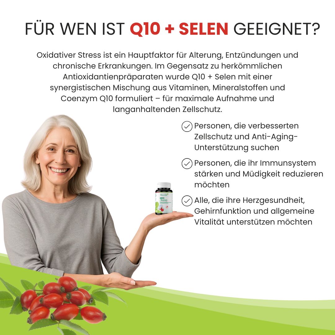 Biostile Q10 + Selen Dose in der Hand einer älteren Frau, mit Text über Vorteile für Immunsystem und Energie.