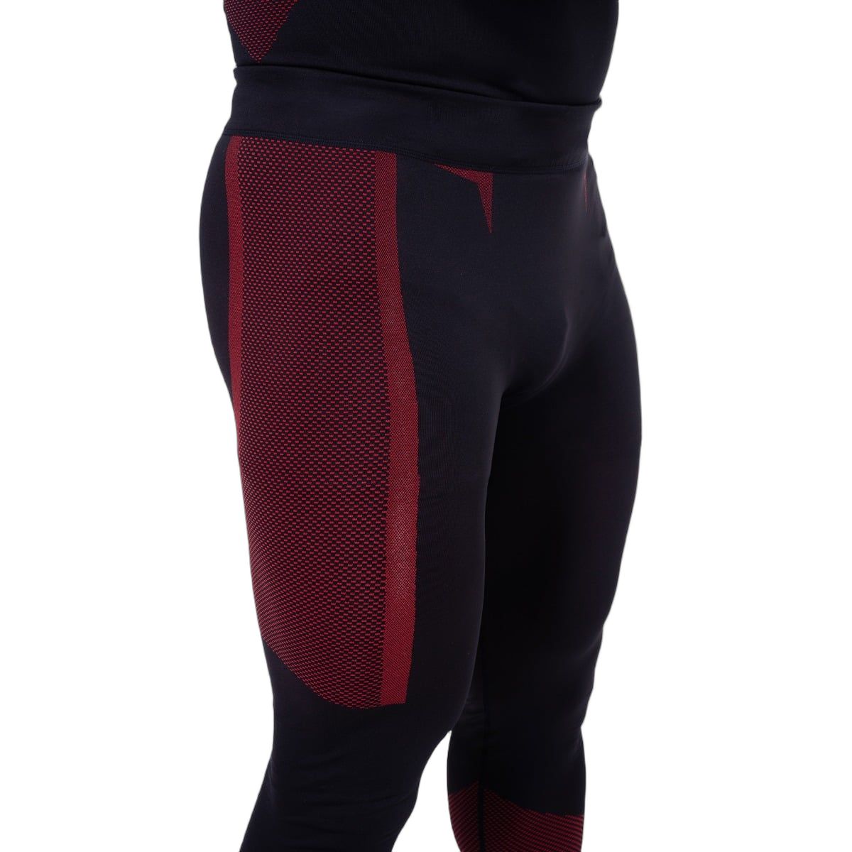 Herren-Leggings, schwarz mit roten Mesh-Einsätzen an der Seite.