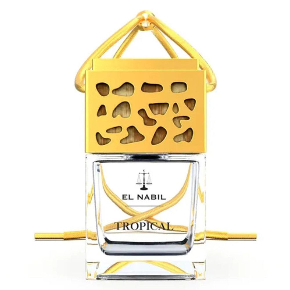 Quadratische Glasflasche mit goldfarbenem Deckel. Aufschrift: EL NABIL, TROPICAL. Goldfarbene Aufhängung.