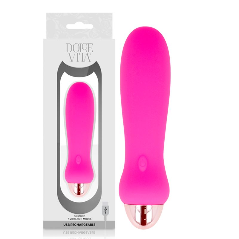 Pinker Silikon-Vibrator in Verpackung. Beschriftung: Dolce Vita, USB Rechargeable.