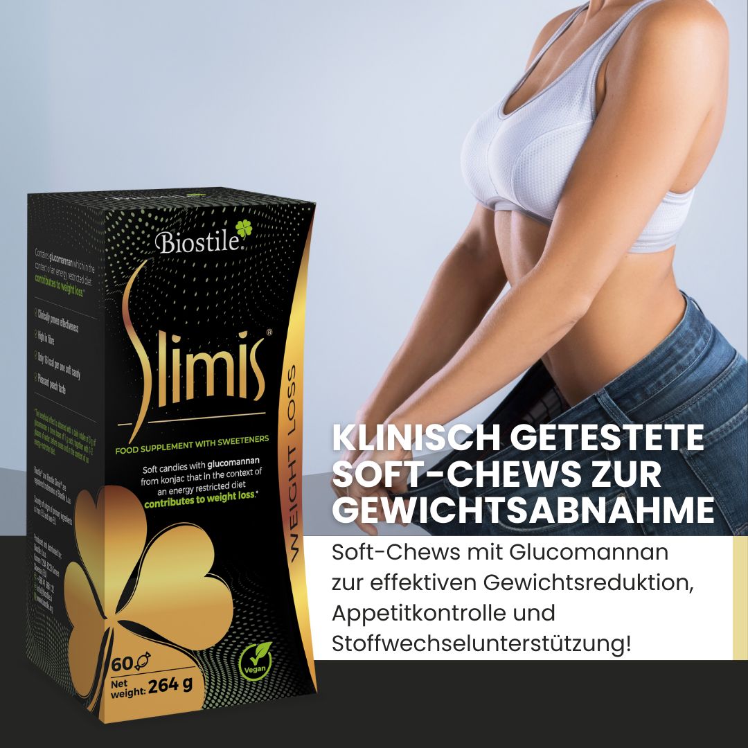 Biostile Slimis Packung neben einer Frau in Sportkleidung.