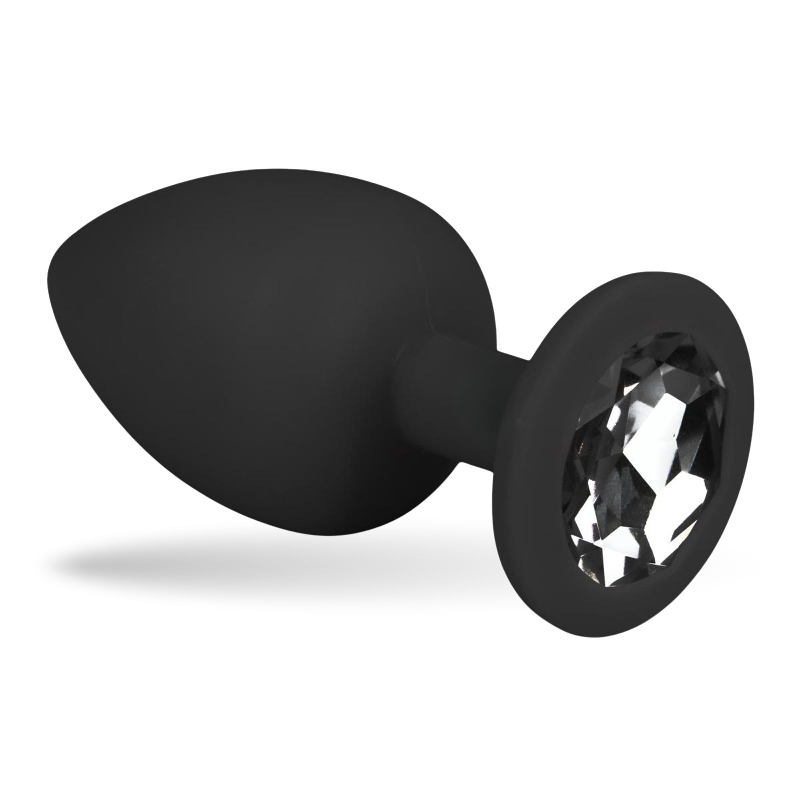 Schwarzer Analplug aus Silikon mit Zierstein. Tropfenförmiger Kopf, runder Sockel mit Stein.