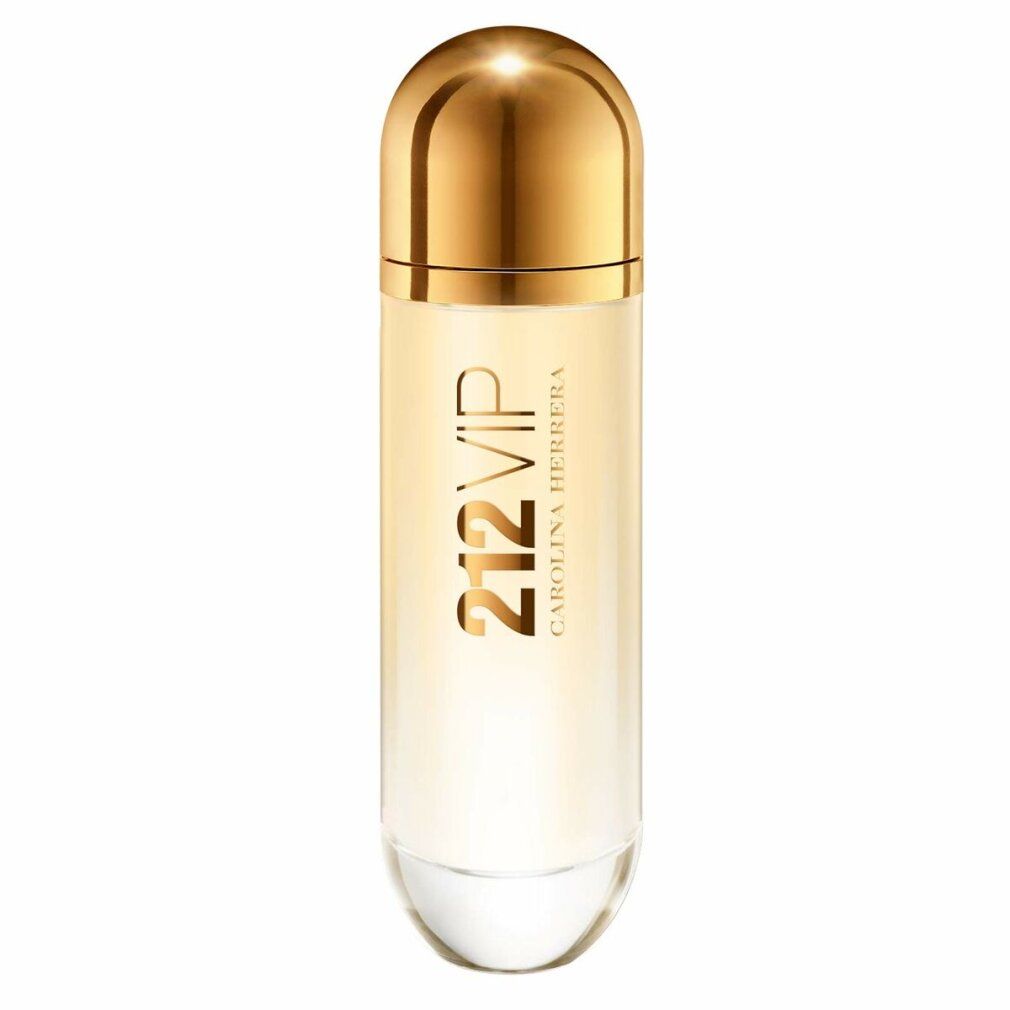Parfümflakon, zylindrisch, goldfarbener Deckel, transparente Basis. Aufschrift: 212 VIP, Carolina Herrera.