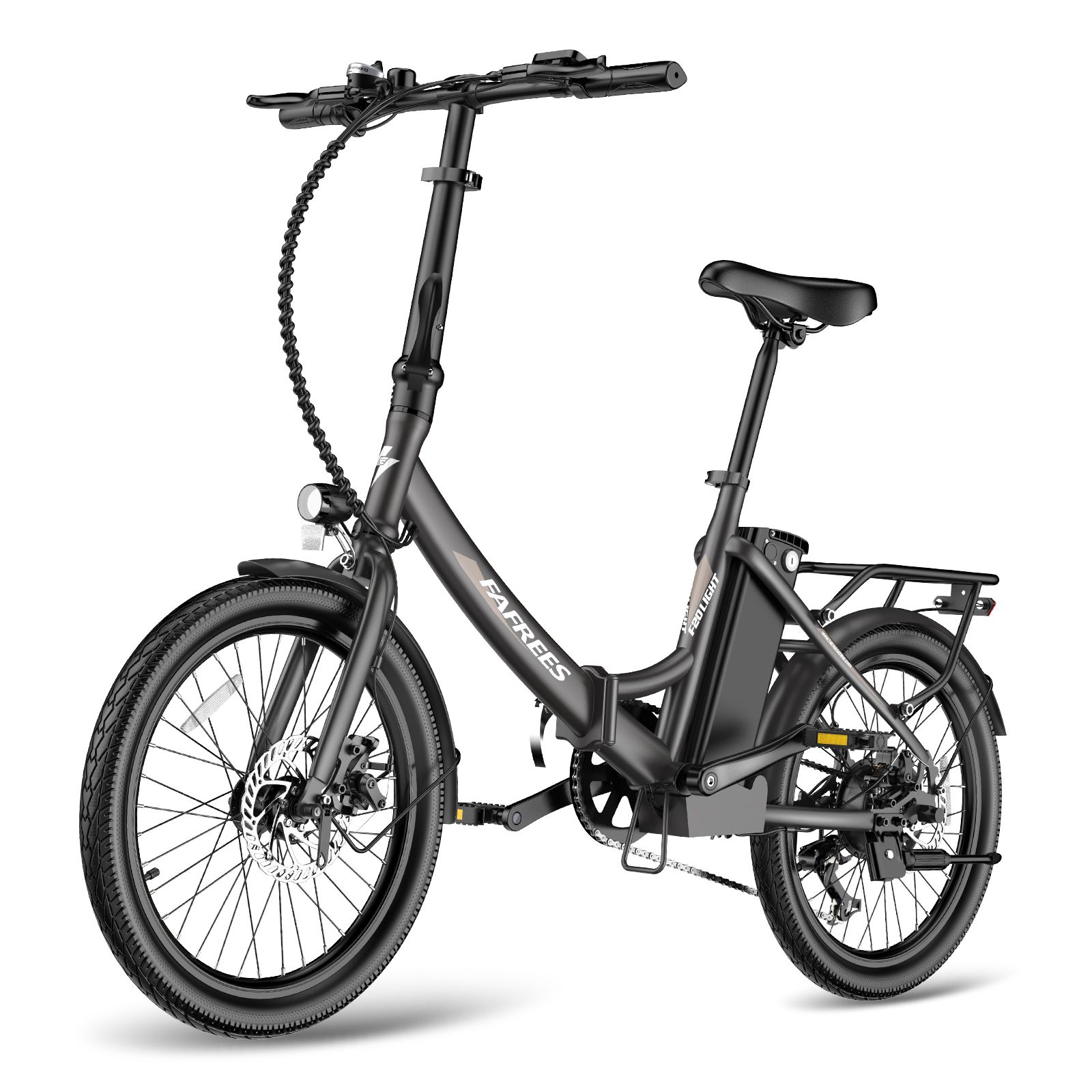 Schwarzes E-Bike mit Frontlicht und Akku. Marke Fafrees.