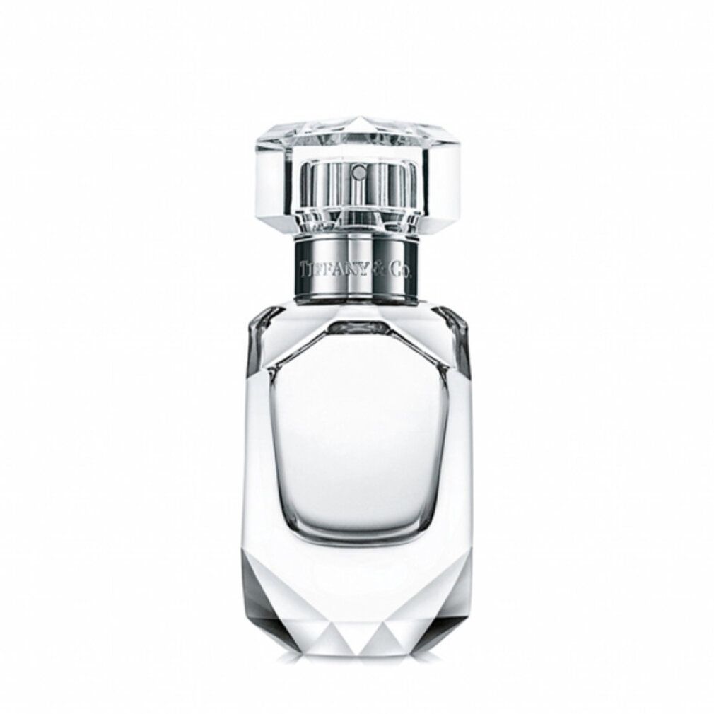 Transparenter Parfumflakon mit facettiertem Boden und Deckel. Silberfarbener Hals mit Aufschrift "Tiffany & Co.".