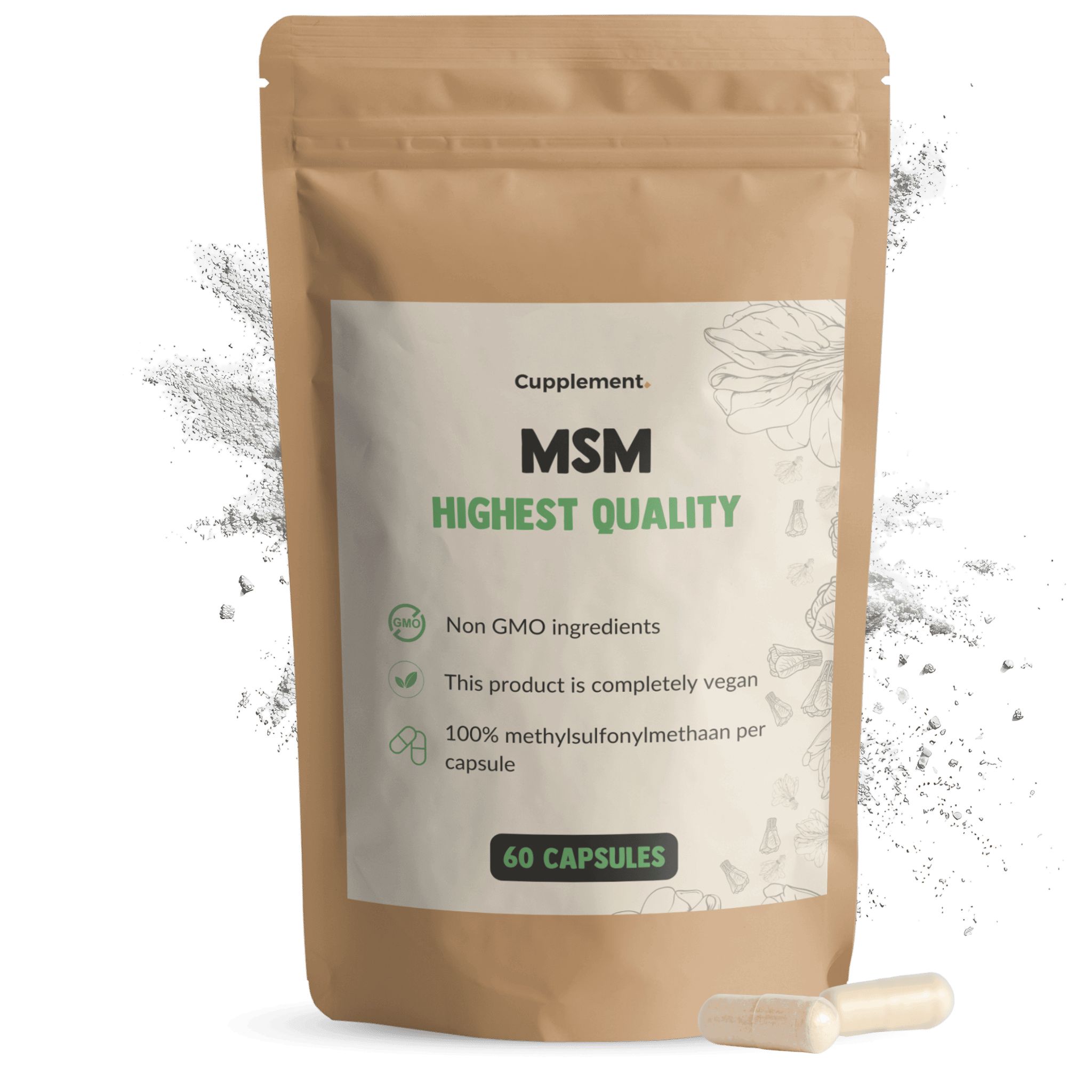 Beutel mit Kapseln. Aufschrift: Cupplement, MSM, Highest Quality. 60 Kapseln. Vegan, ohne GVO.