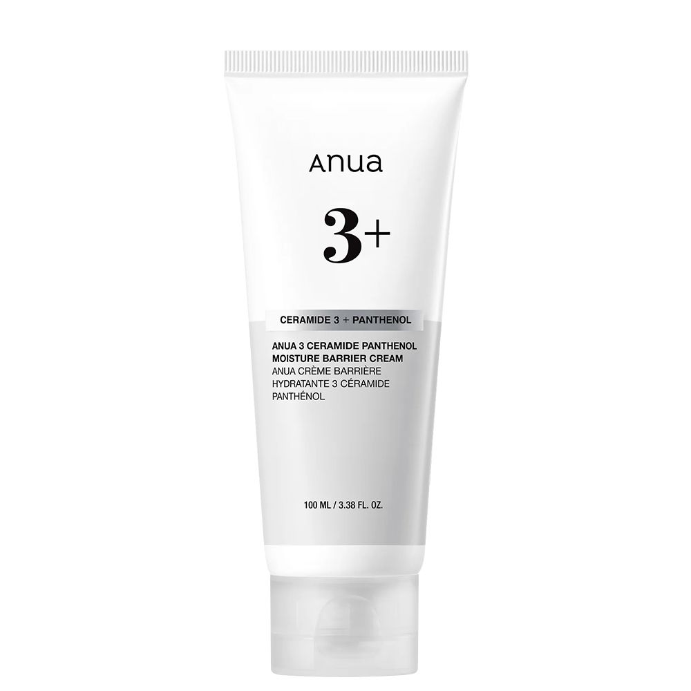 Weiße Tube Anua 3+ Ceramide Panthenol Feuchtigkeitscreme. Frontale Ansicht des Produkts.