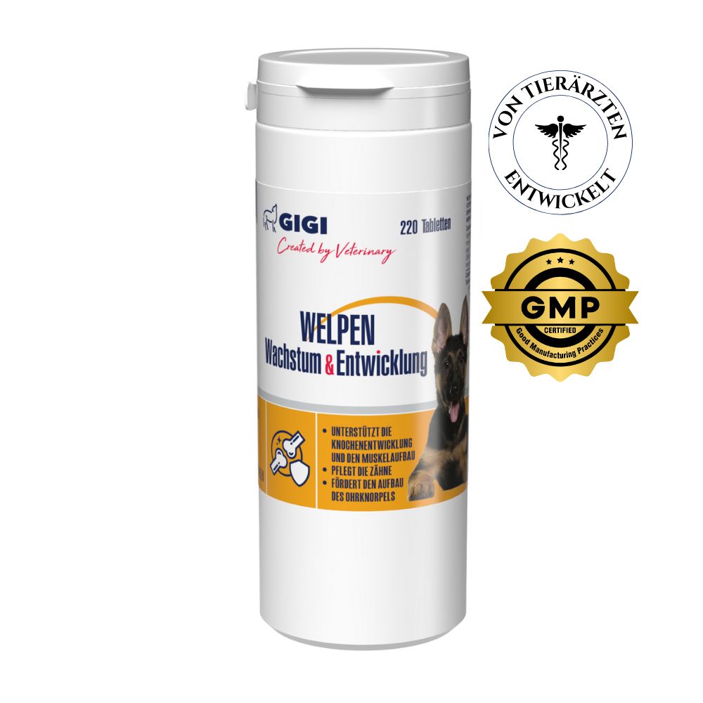 Weiße Tabletten-Dose mit Deckel. Aufschrift: GIGI VET Welpen Wachstum & Entwicklung. Siegel: Von Tierärzten entwickelt, GMP Certified.