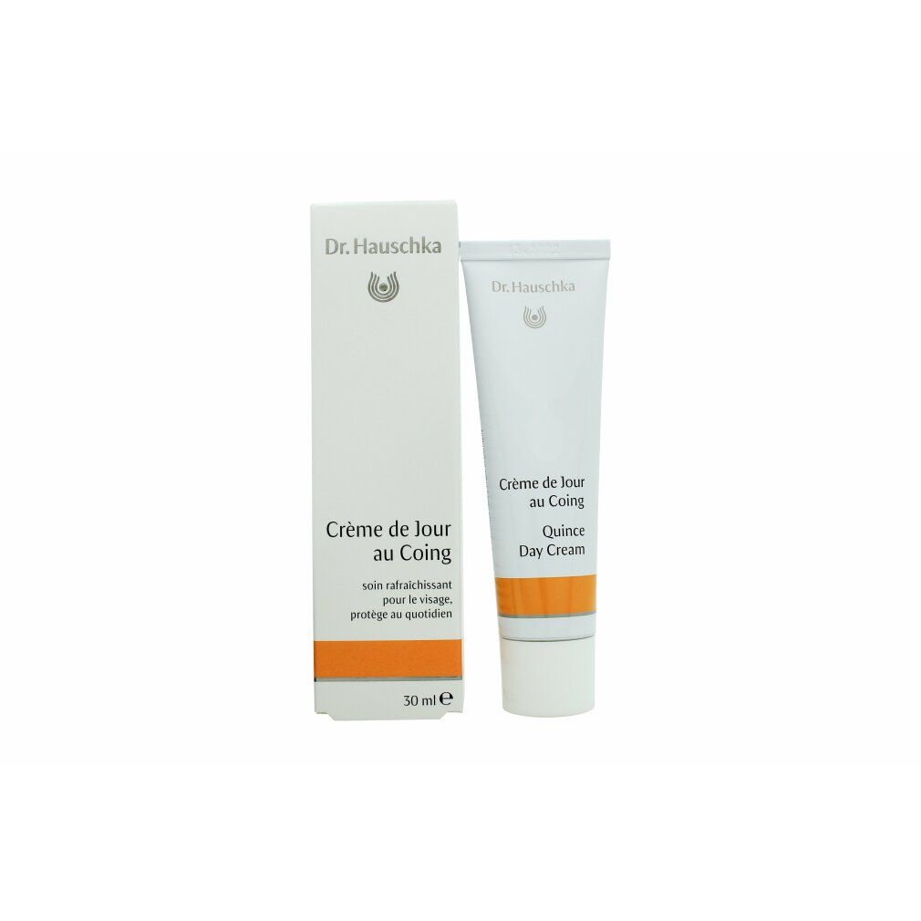 Weiße Tube und Schachtel. Auf der Tube: "Crème de Jour au Coing". Auf der Schachtel: "Dr. Hauschka", "Crème de Jour au Coing", "30 ml e".