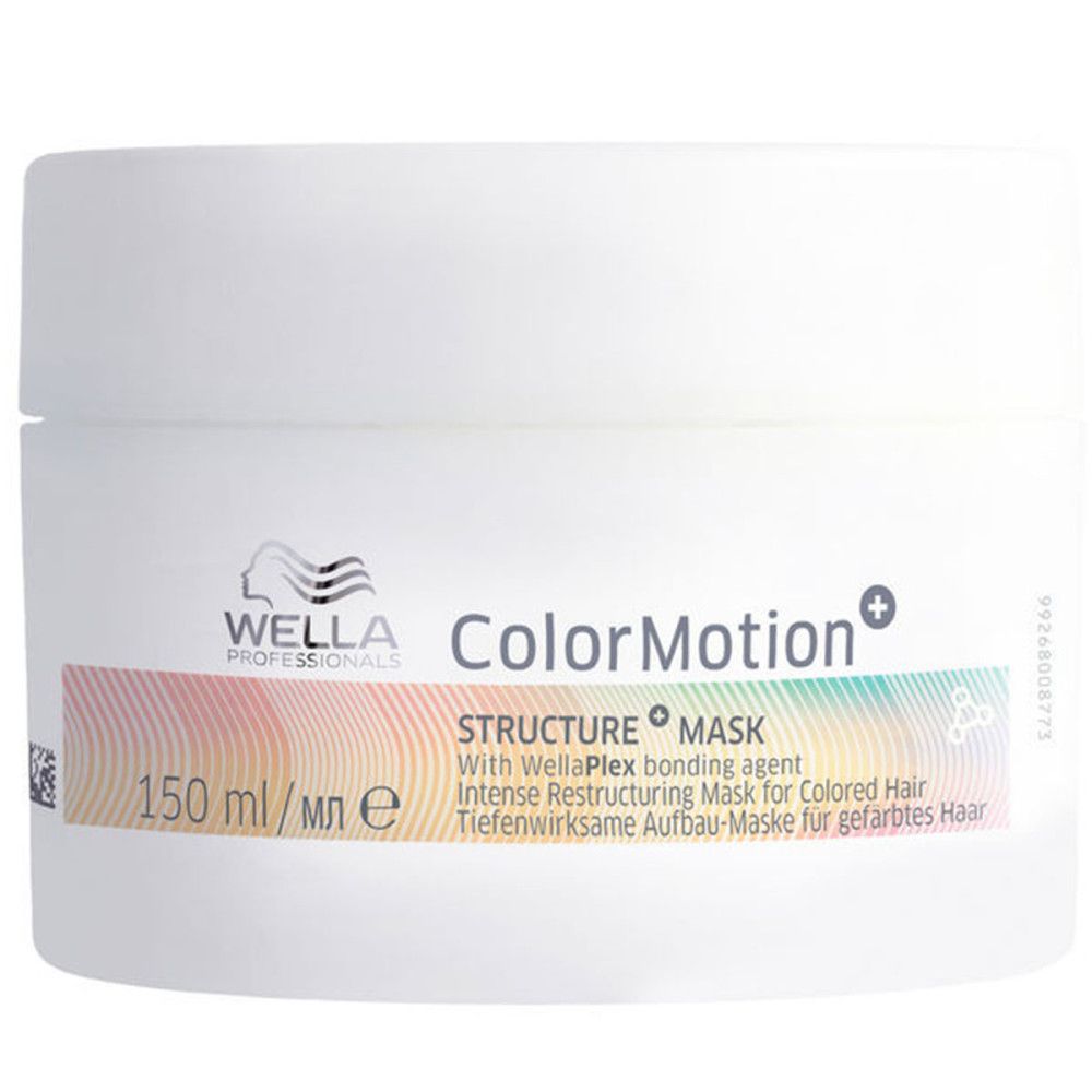 Weißer Tiegel mit Aufschrift ColorMotion+. Enthält 150 ml. Strukturmaske für coloriertes Haar.
