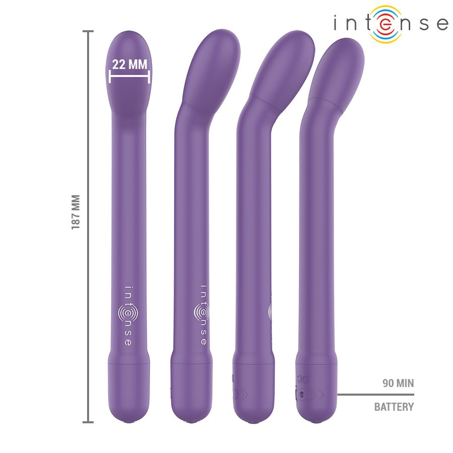 Lila G-Punkt-Stimulator. Maße: 187 mm lang, 22 mm breit. Marke: Intense. Wiederaufladbar. Akkulaufzeit: 90 Minuten.