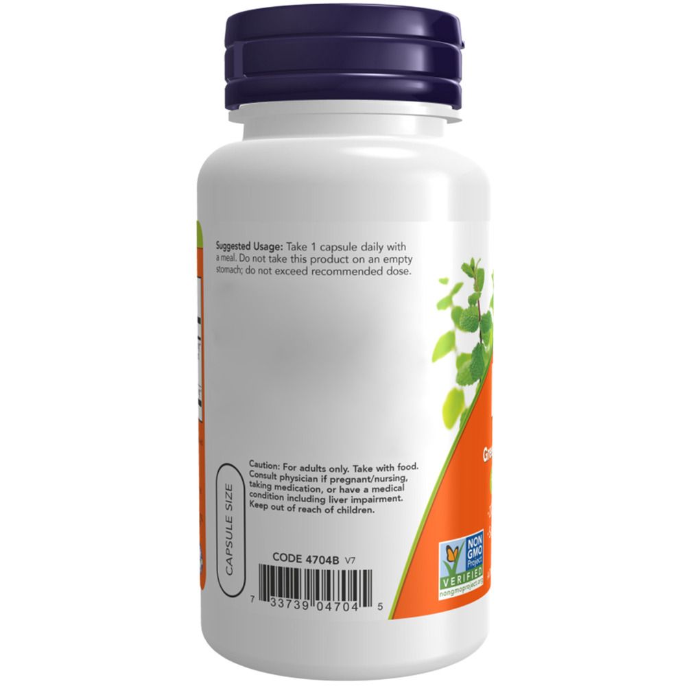 Rückseite der Flasche. Orangefarbenes Etikett mit Anwendungshinweisen. Warnhinweise. Barcode. NOW-Logo.