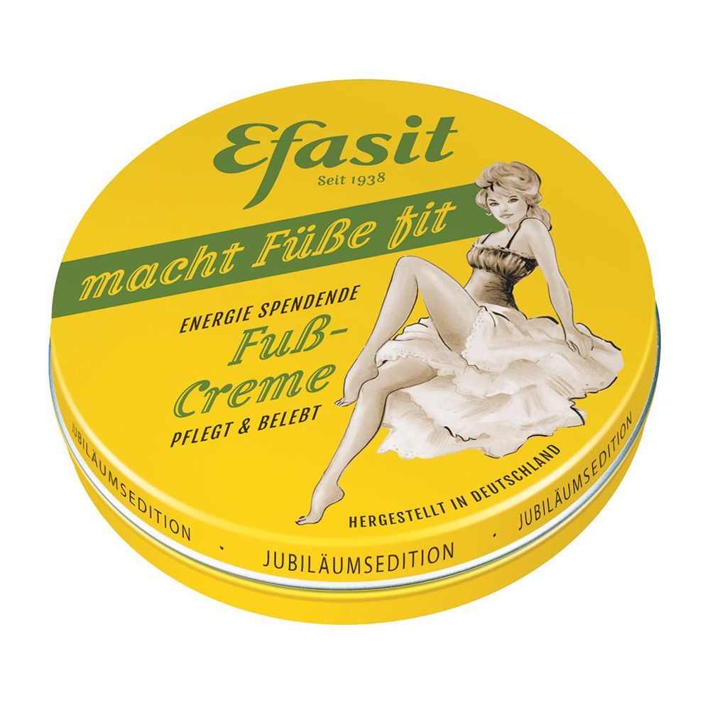 Gelbe Dose mit Aufschrift "Efasit", "macht Füße fit" und "Fuß-Creme". Abbildung einer Frau. Jubiläumsausgabe.