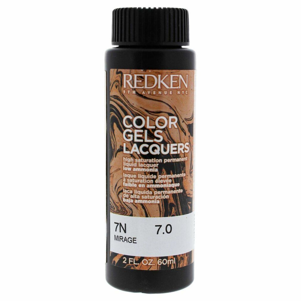 Flasche Color Gels Lacquers, 7N Mirage, 7.0. Schwarzer Deckel, braune Flüssigkeit. Text: Redken, Color Gels Lacquers, 2 FL OZ 60ml.