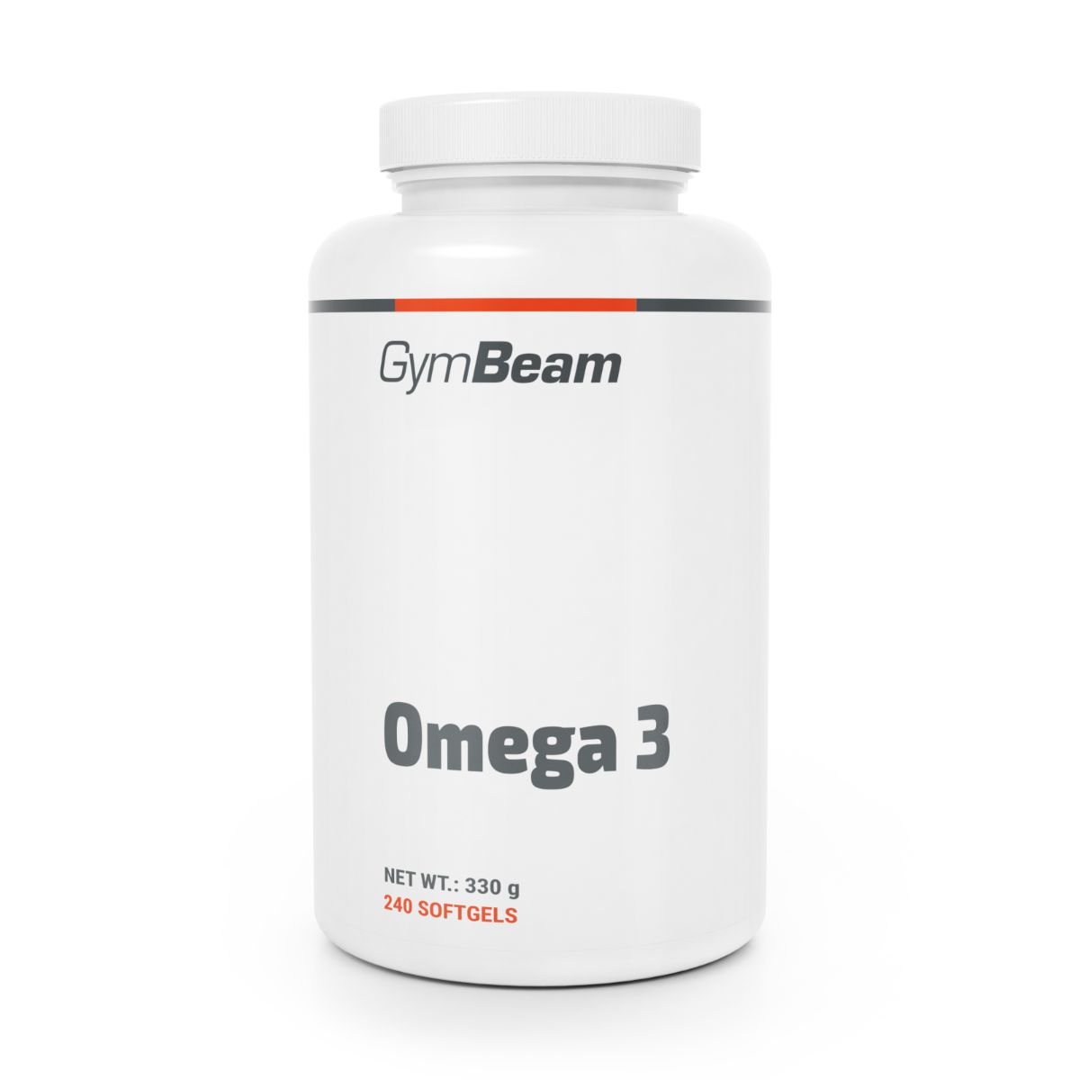 GymBeam Omega 3 Kapseln in weißem Behälter mit rotem und schwarzem Streifen.