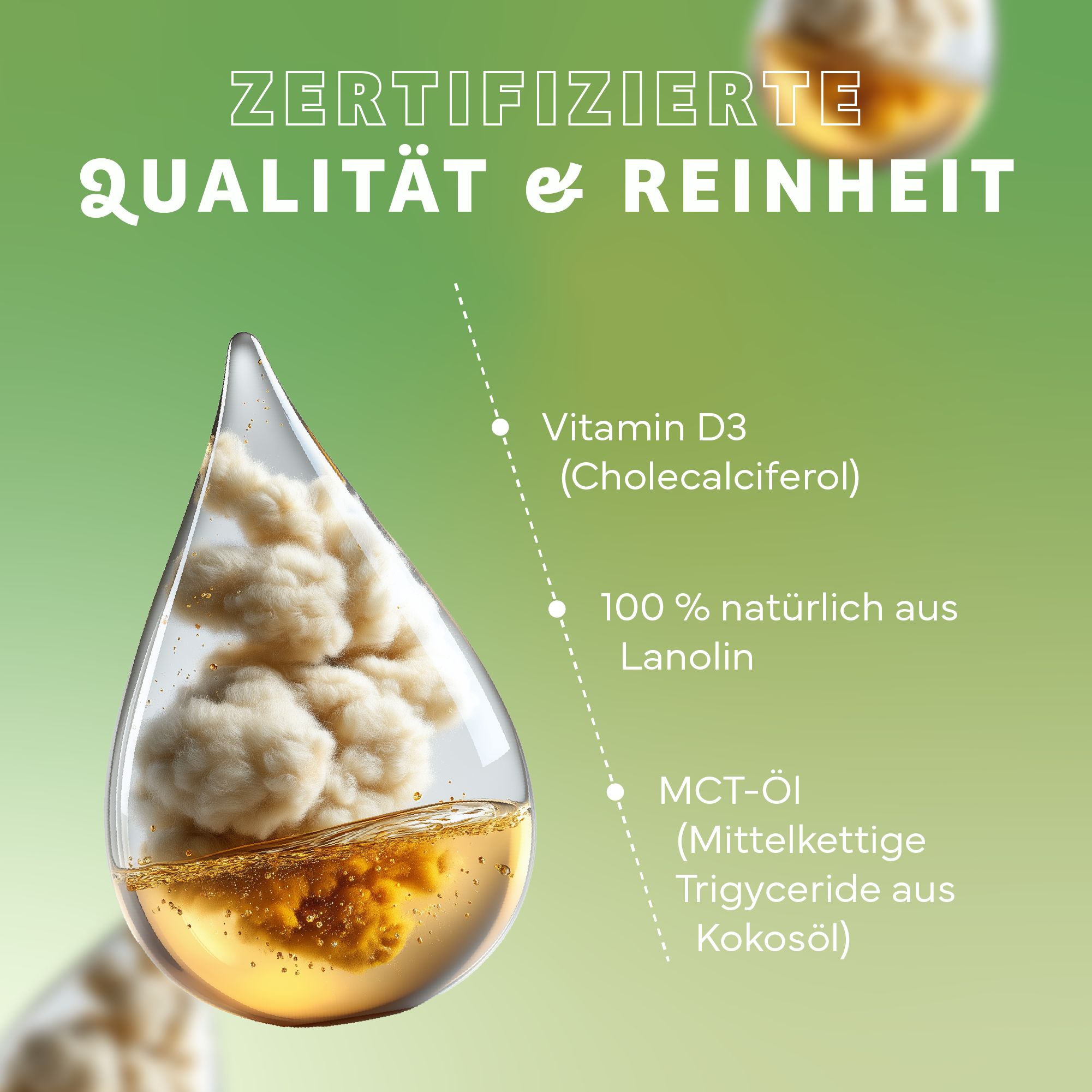 Tropfen in Tropfenform mit Text: Vitamin D3, 100% natürlich aus Lanolin, MCT-Öl. Zertifizierte Qualität & Reinheit.