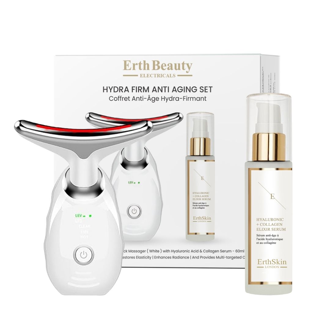 Erth Skin London Hydra Firm Anti-Aging Set mit Hals-LED-Massagegerät und Hyaluronsäure-Kollagen-Elixier-Serum.