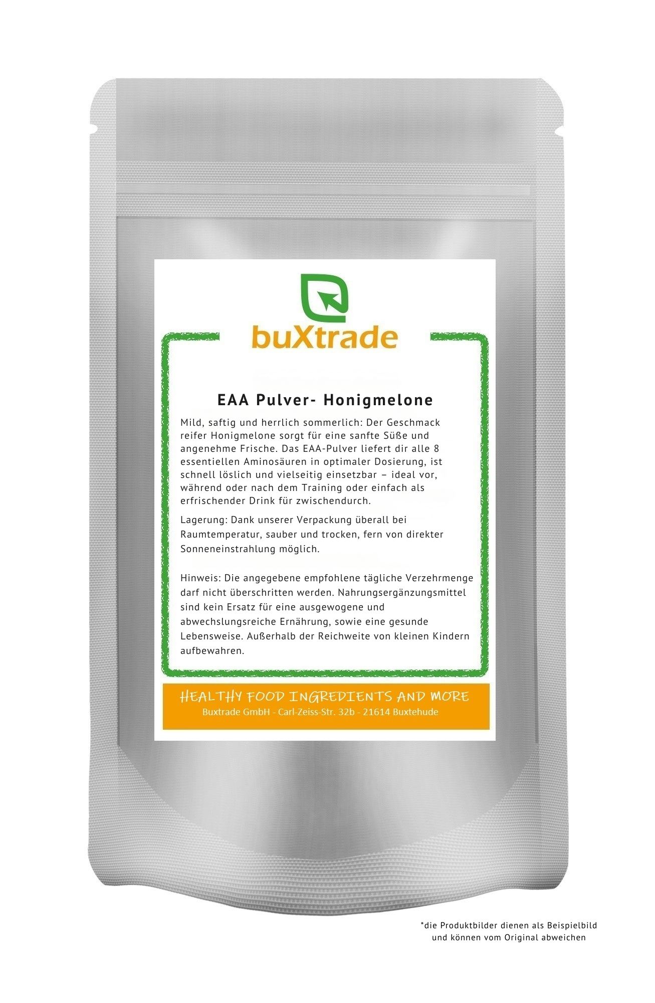 Beutel mit buXtrade EAA Pulver-Honigmelone. Weißer Beutel mit grünem Etikett. Text: EAA Pulver, Honigmelone. Aufschrift: Healthy Food Ingredients and More.