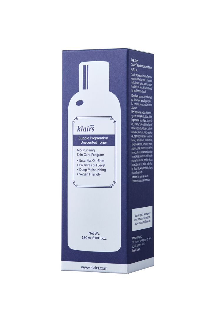 Blau-weiße Verpackung mit Produktinformationen. Aufschrift: Dear Klairs Supple Preparation Unscented Toner. 180 ml.