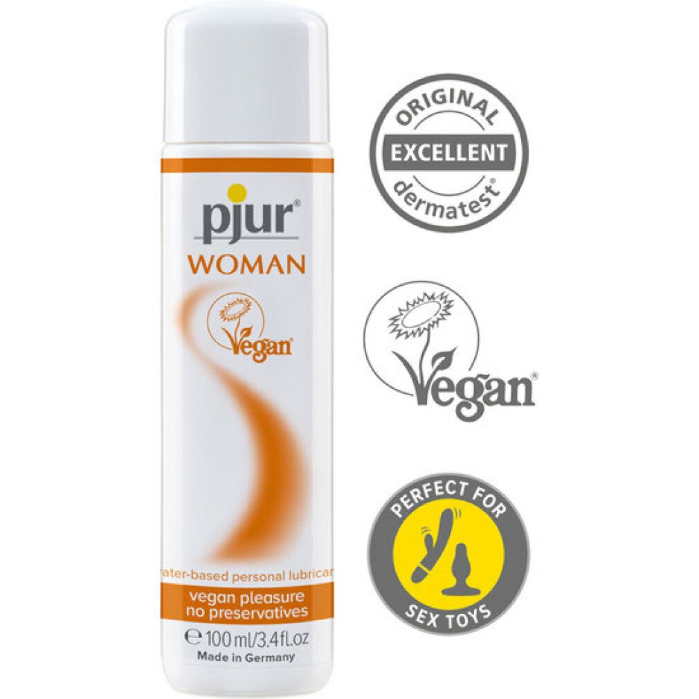 Weiße Flasche mit orangefarbenem Etikett. Aufschrift: pjur WOMAN Vegan. Wasserbasiertes Gleitmittel. Vegan, ohne Konservierungsstoffe. Siegel.