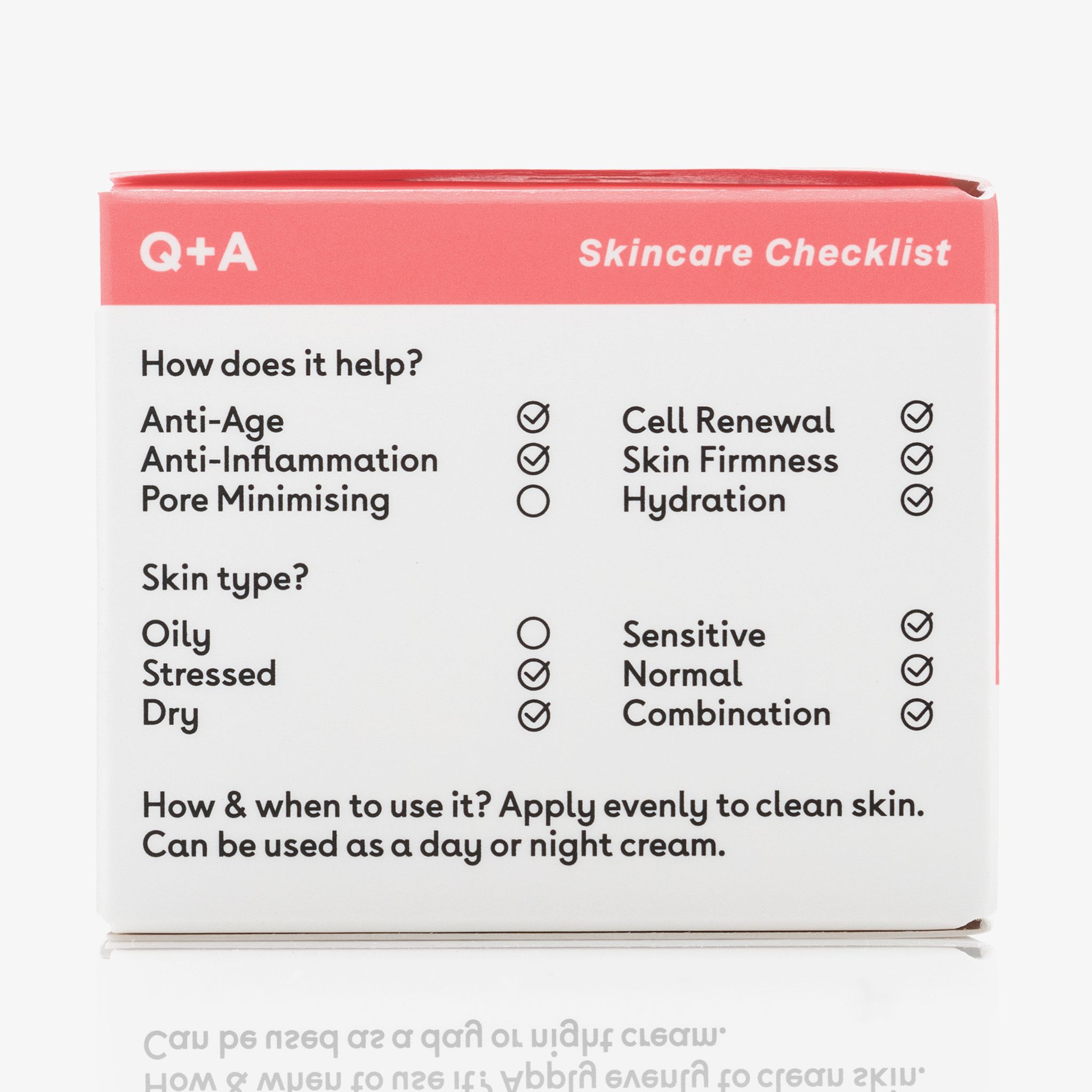 Rückseite der Q+A Collagen Face Cream Verpackung. Auflistung der Vorteile und Hauttypen. Anwendungshinweise.