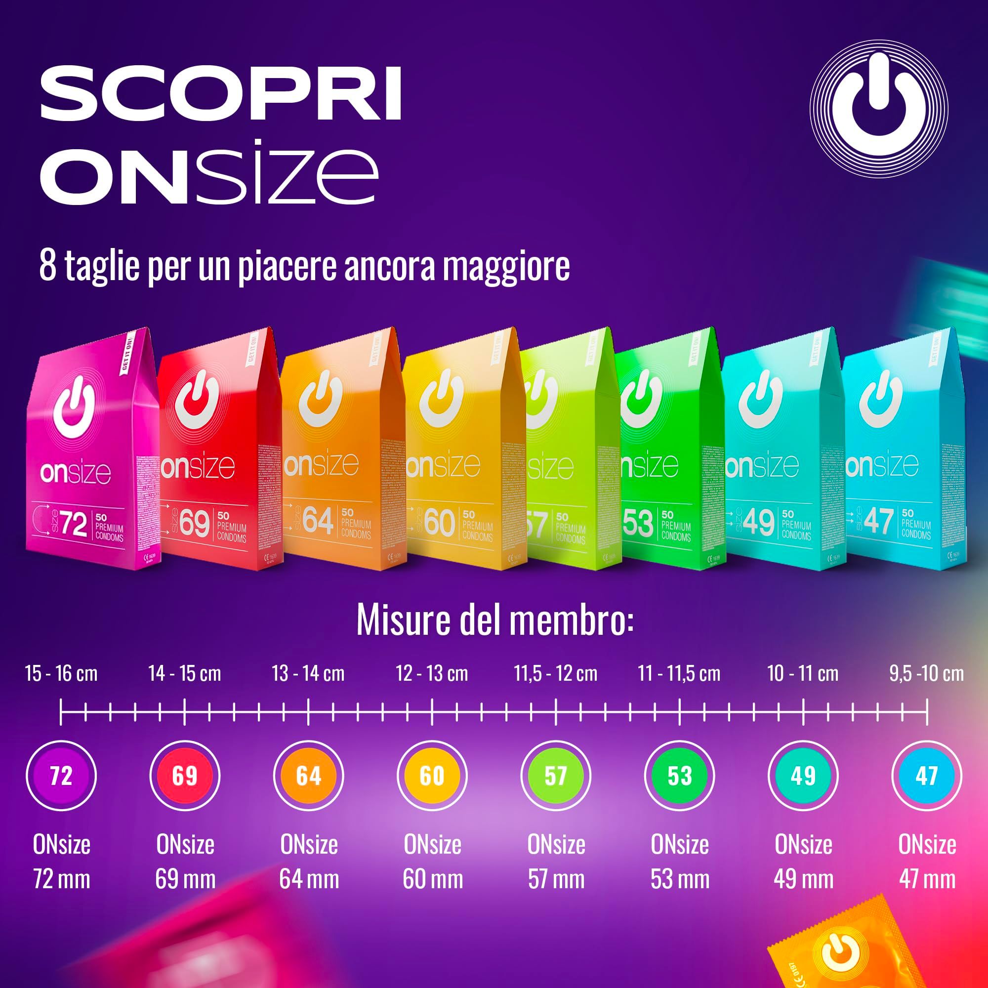 ON) Size condoms in 8 sizes, from 47mm to 72mm.