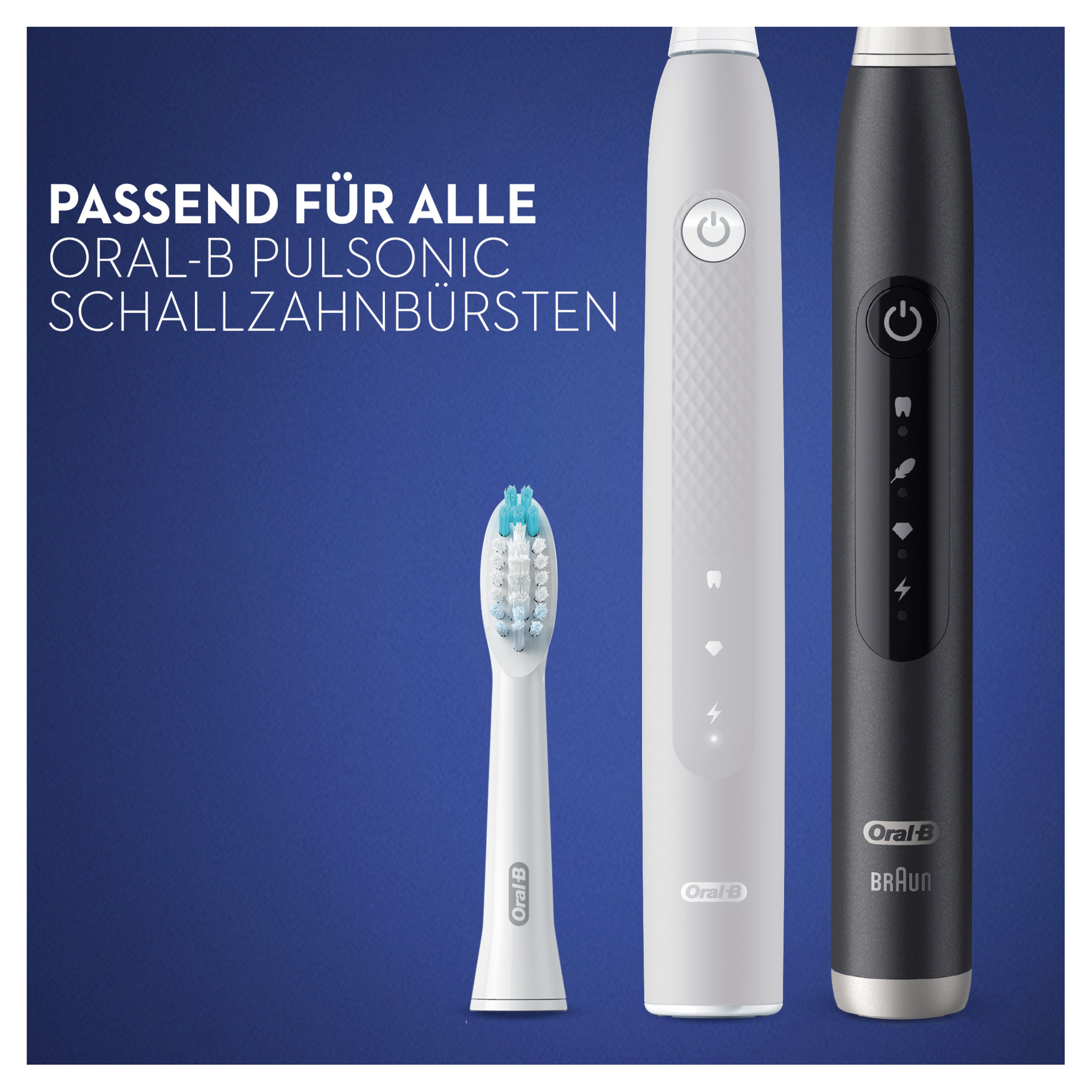 Zahnbürste und zwei elektrische Zahnbürsten. Text: PASSEND FÜR ALLE ORAL-B PULSONIC SCHALLZAHNBÜRSTEN.
