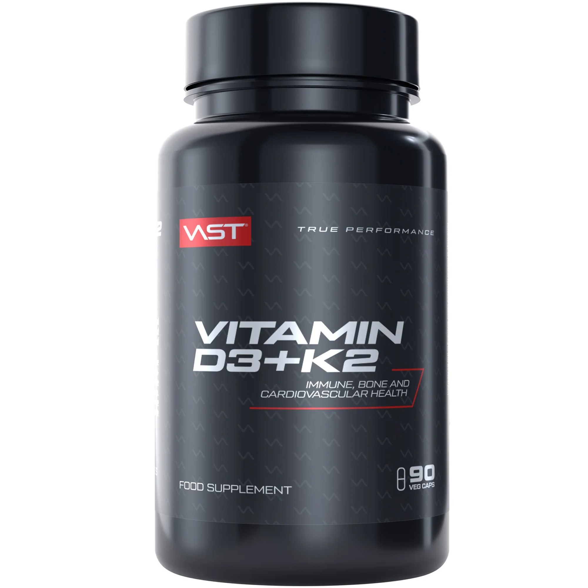Schwarze Flasche mit "VAST Vitamin D3+K2"-Etikett. Enthält 90 Kapseln. Nahrungsergänzungsmittel.