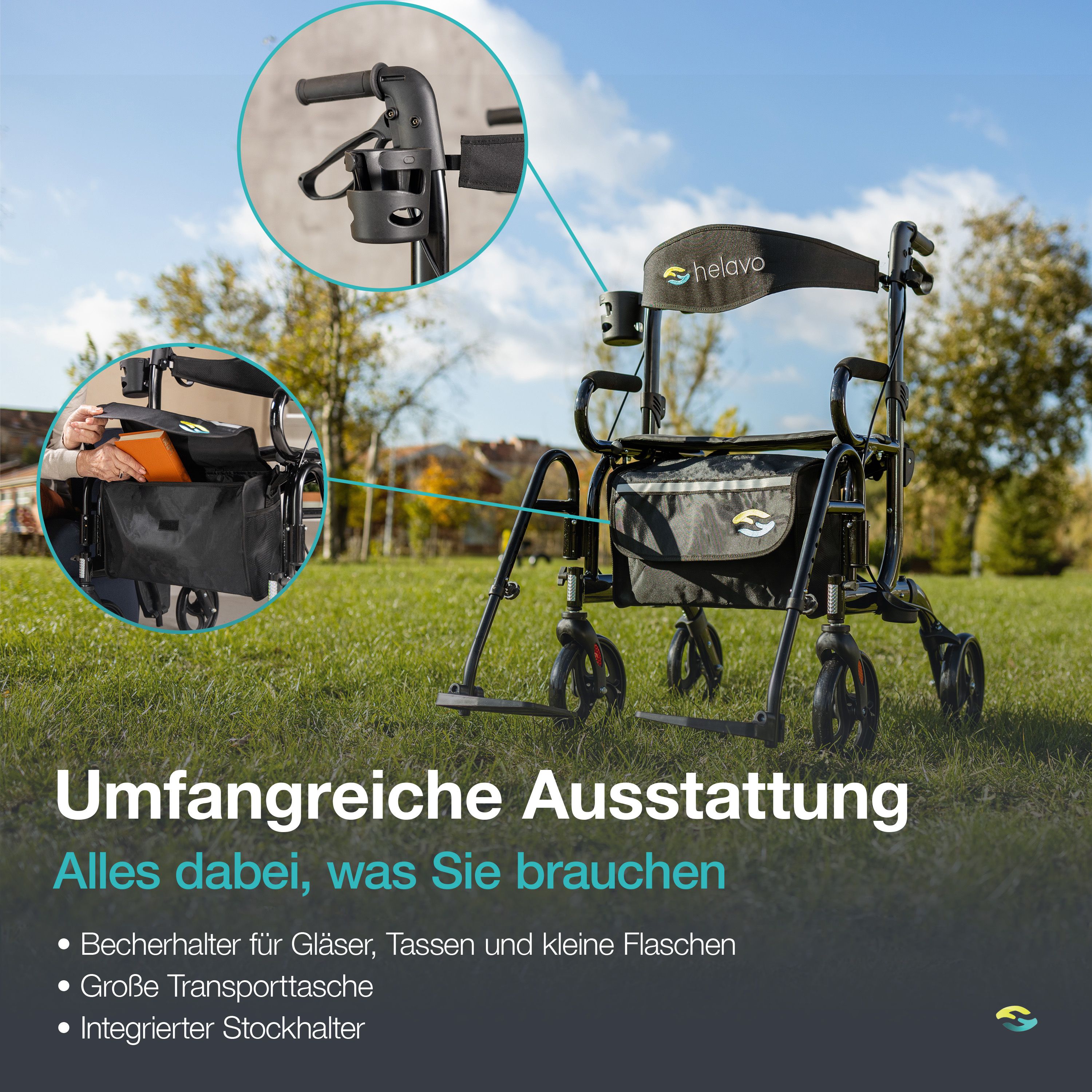Rollator mit Detailansichten von Becherhalter und Tasche. Text: Umfangreiche Ausstattung. Alles dabei, was Sie brauchen.