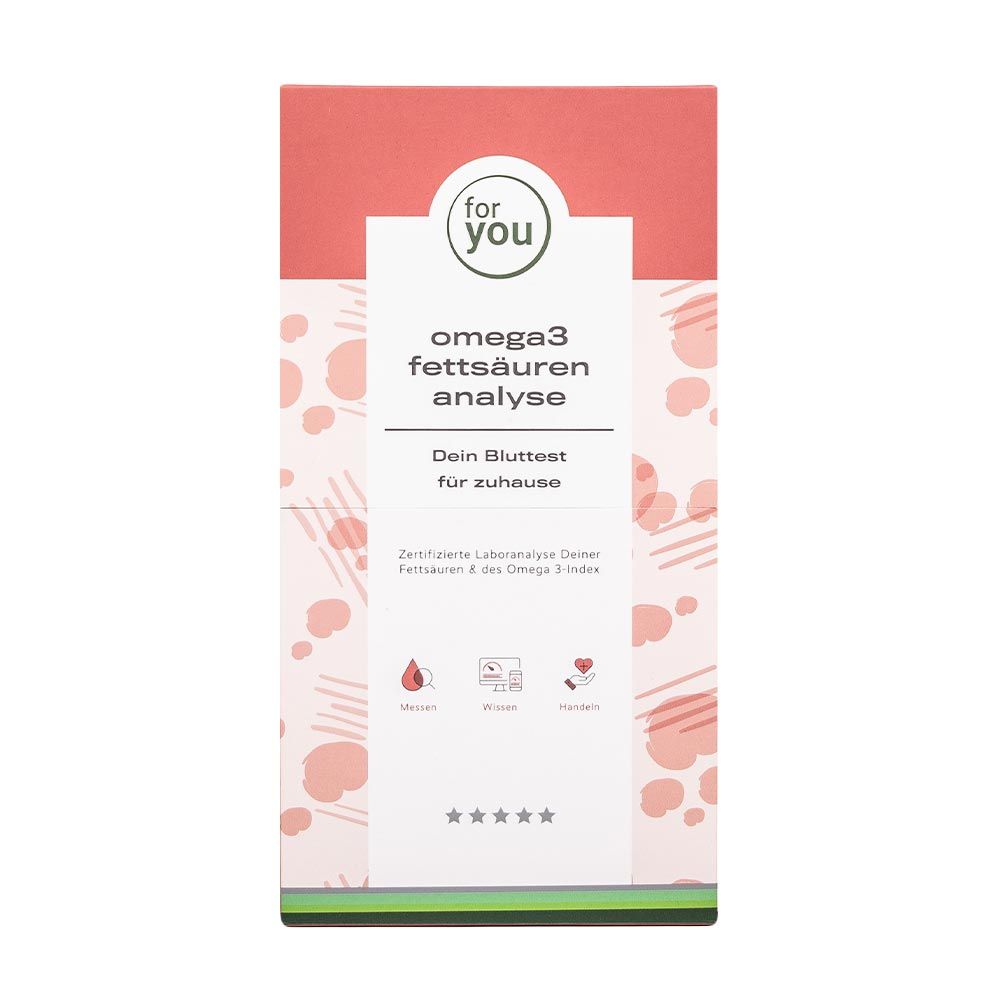 Verpackung für einen Omega-3-Fettsäuren-Test. Enthält Text und Sterne.