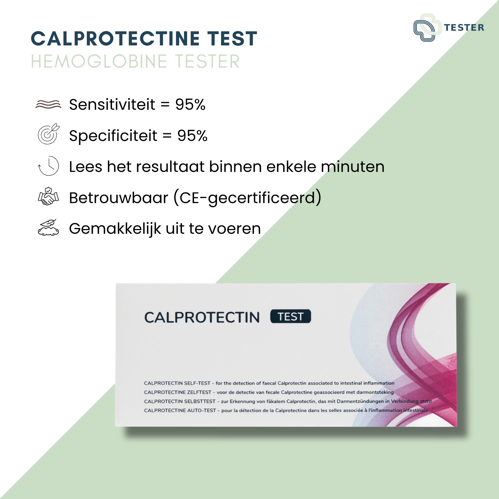 Infografik mit Informationen zum Test. Sensitivität 95%, Spezifität 95%, Ergebnis in Minuten, CE-zertifiziert.